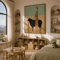Black Sheep Keep Company — Woman with Black Sheep Painting | Minimalist Figurative Vertical Wall Art – gold and green and brown minimalist figurative people & pets art, vertical hand-painted canvas art – view 6