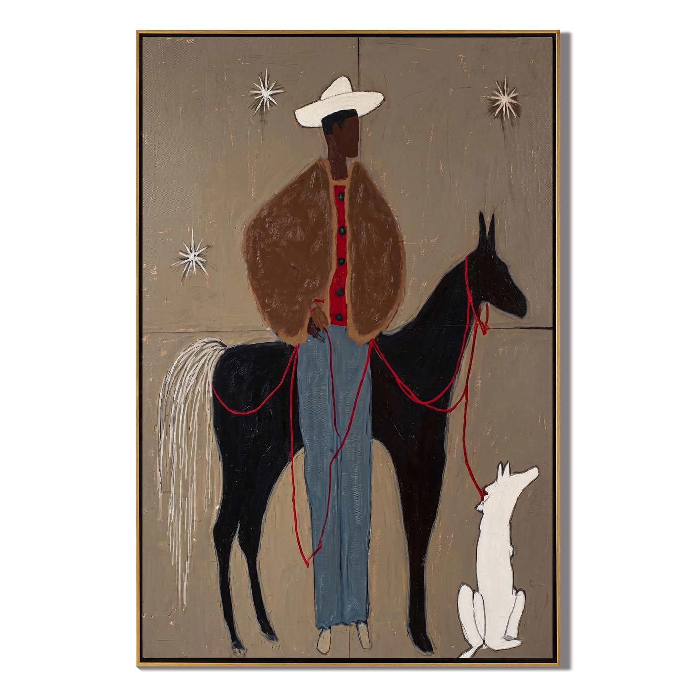 Stars Watch Three Companions — Cowboy Horse and Dog Painting | Minimalist Figurative Vertical Wall Art – brown and black minimalist figurative people & pets art, vertical hand-painted canvas art – view 1