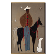 Stars Watch Three Companions — Cowboy Horse and Dog Painting | Minimalist Figurative Vertical Wall Art – brown and black minimalist figurative people & pets art, vertical hand-painted canvas art – view 1