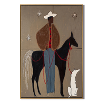 Stars Watch Three Companions — Cowboy Horse and Dog Painting | Minimalist Figurative Vertical Wall Art – brown and black minimalist figurative people & pets art, vertical hand-painted canvas art – view 1