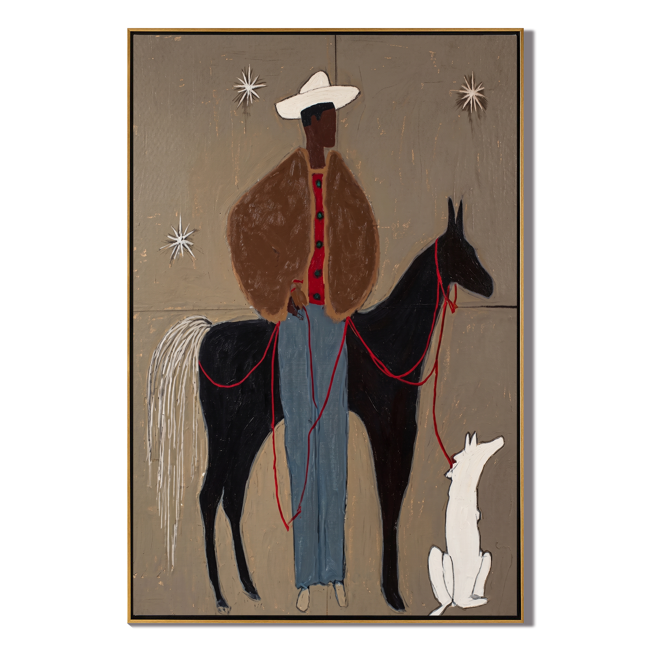 Stars Watch Three Companions — Cowboy Horse and Dog Painting | Minimalist Figurative Vertical Wall Art – brown and black minimalist figurative people & pets art, vertical hand-painted canvas art – view 1