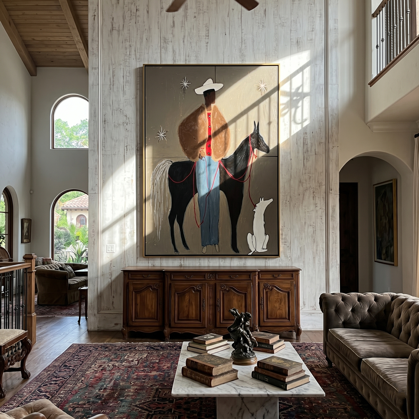 Stars Watch Three Companions — Cowboy Horse and Dog Painting | Minimalist Figurative Vertical Wall Art – brown and black minimalist figurative people & pets art, vertical hand-painted canvas art – view 2
