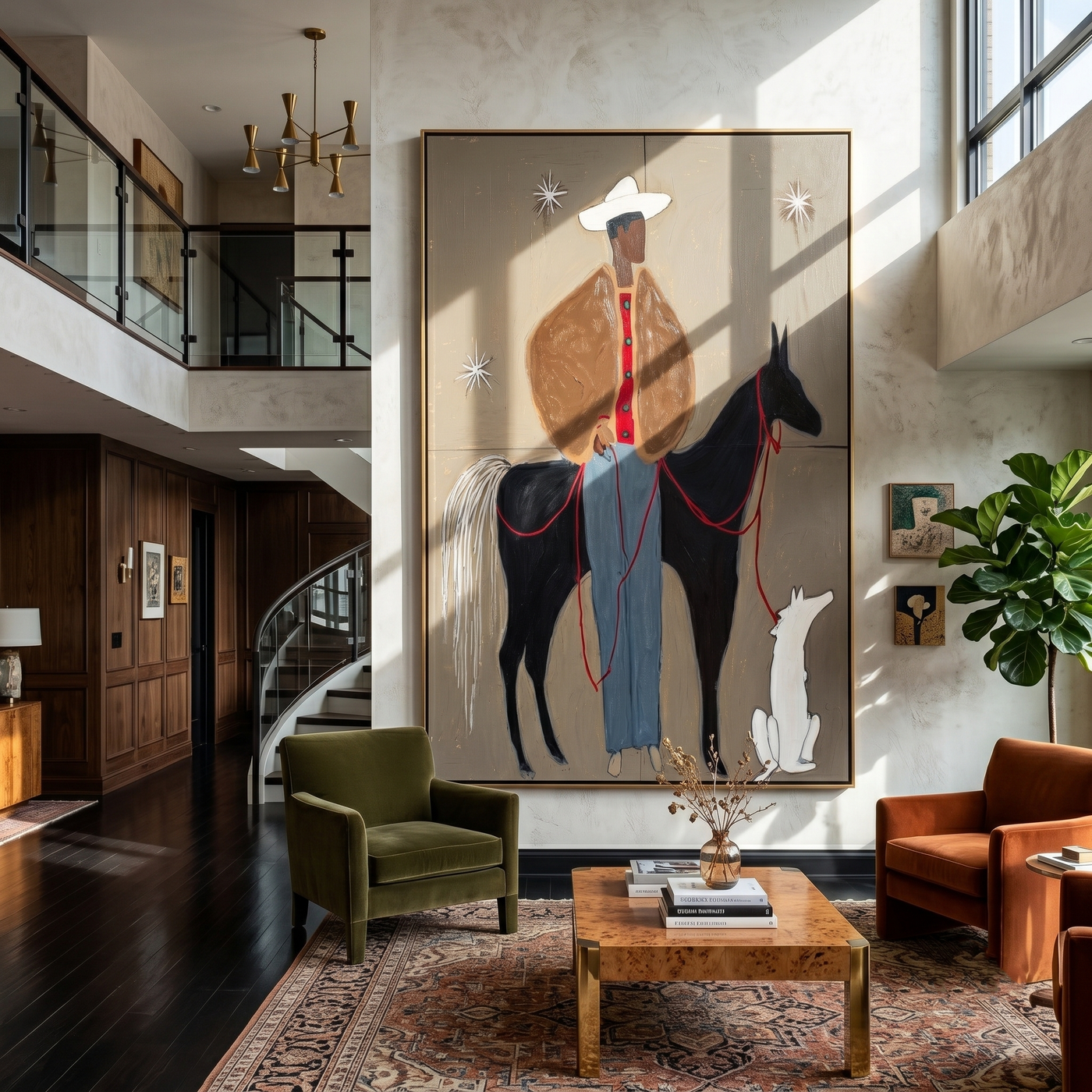 Stars Watch Three Companions — Cowboy Horse and Dog Painting | Minimalist Figurative Vertical Wall Art – brown and black minimalist figurative people & pets art, vertical hand-painted canvas art – view 3