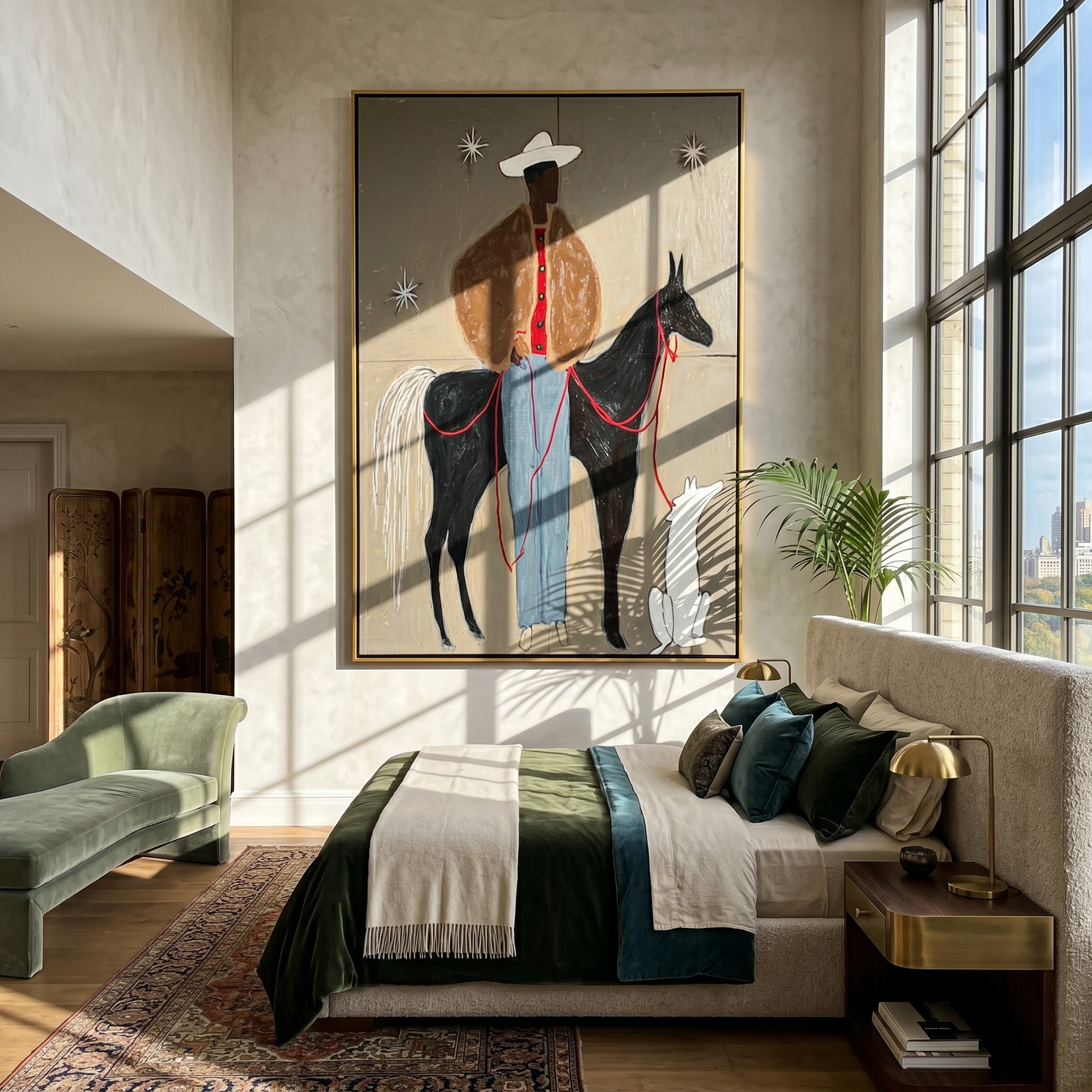 Stars Watch Three Companions — Cowboy Horse and Dog Painting | Minimalist Figurative Vertical Wall Art – brown and black minimalist figurative people & pets art, vertical hand-painted canvas art – view 4
