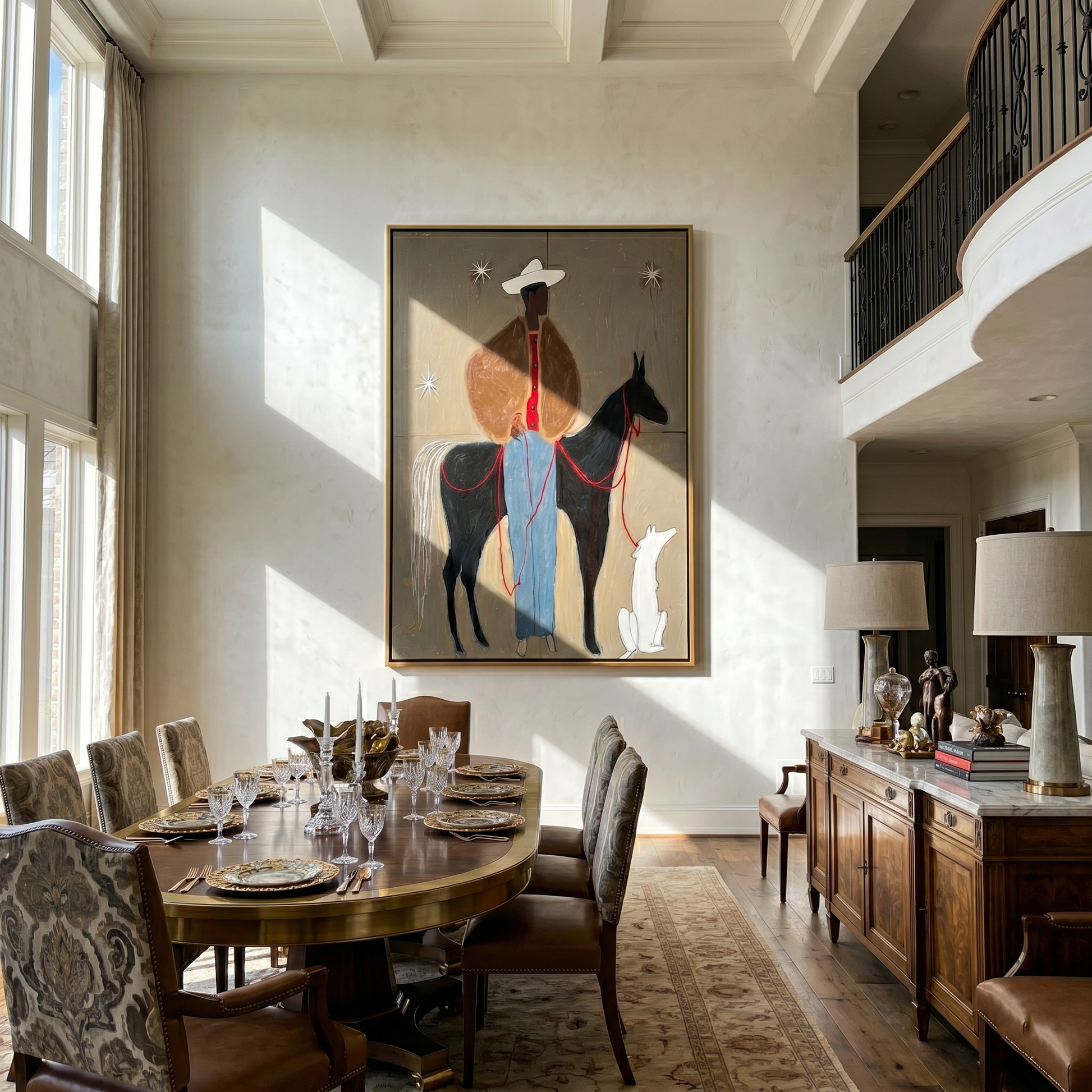 Stars Watch Three Companions — Cowboy Horse and Dog Painting | Minimalist Figurative Vertical Wall Art – brown and black minimalist figurative people & pets art, vertical hand-painted canvas art – view 5