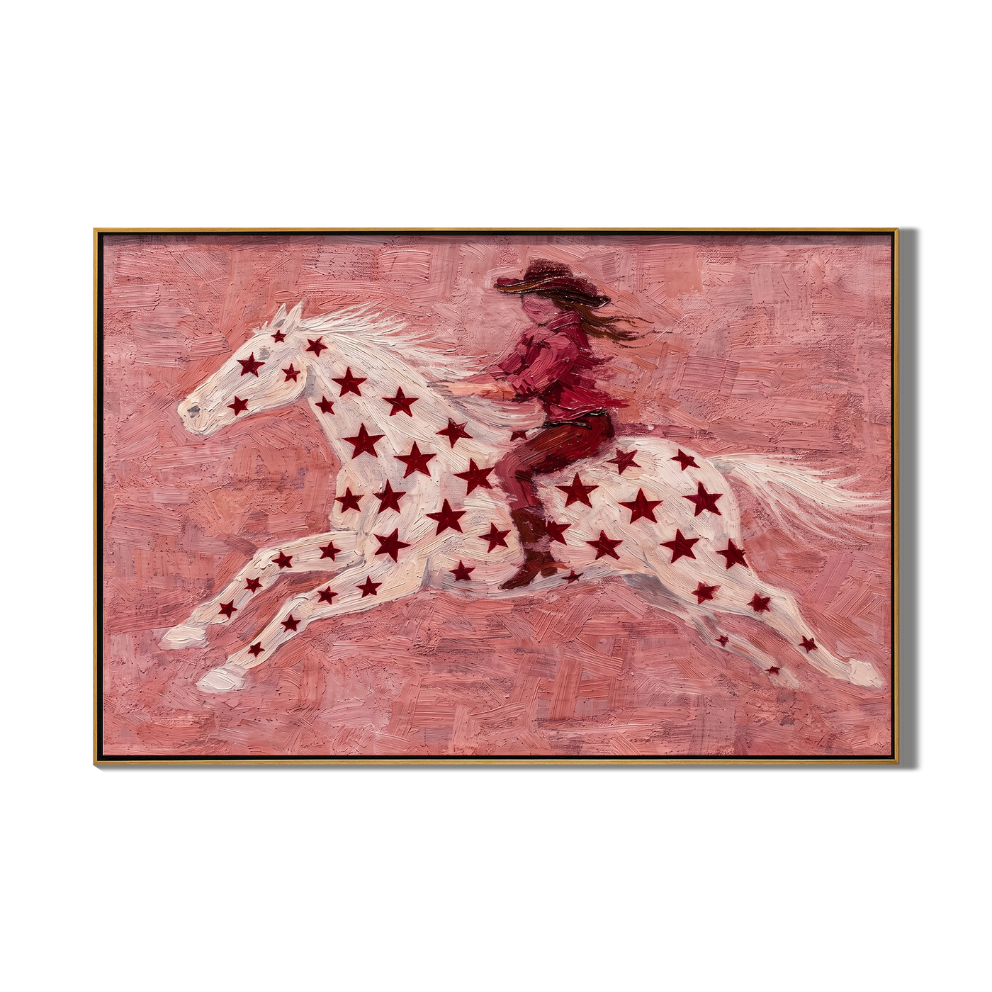 Red Stars Run Wild — Star Horse and Rider Painting | Minimalist Figurative Horizontal Wall Art – red and gray minimalist figurative people & pets art, horizontal hand-painted canvas art – view 1