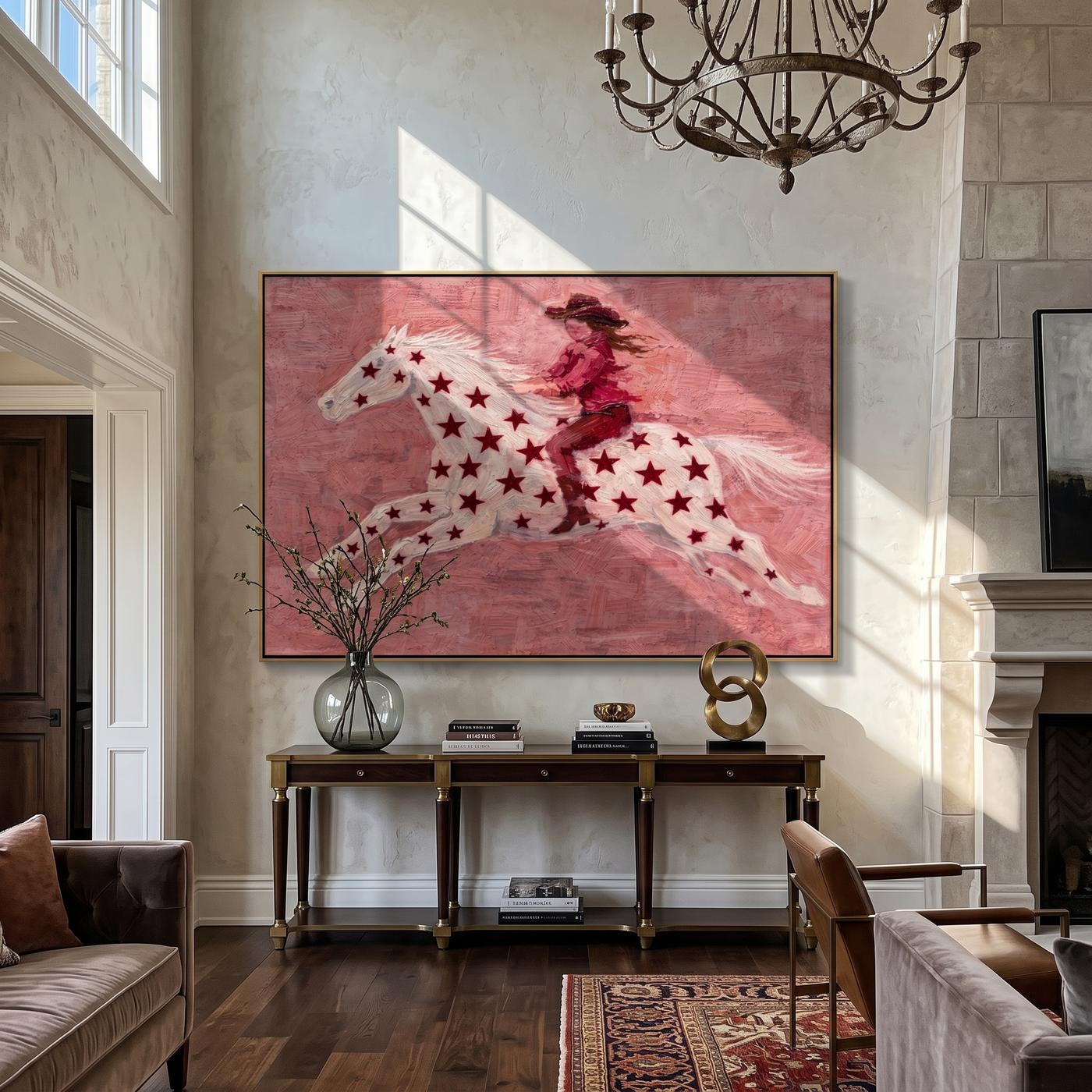 Red Stars Run Wild — Star Horse and Rider Painting | Minimalist Figurative Horizontal Wall Art – red and gray minimalist figurative people & pets art, horizontal hand-painted canvas art – view 3