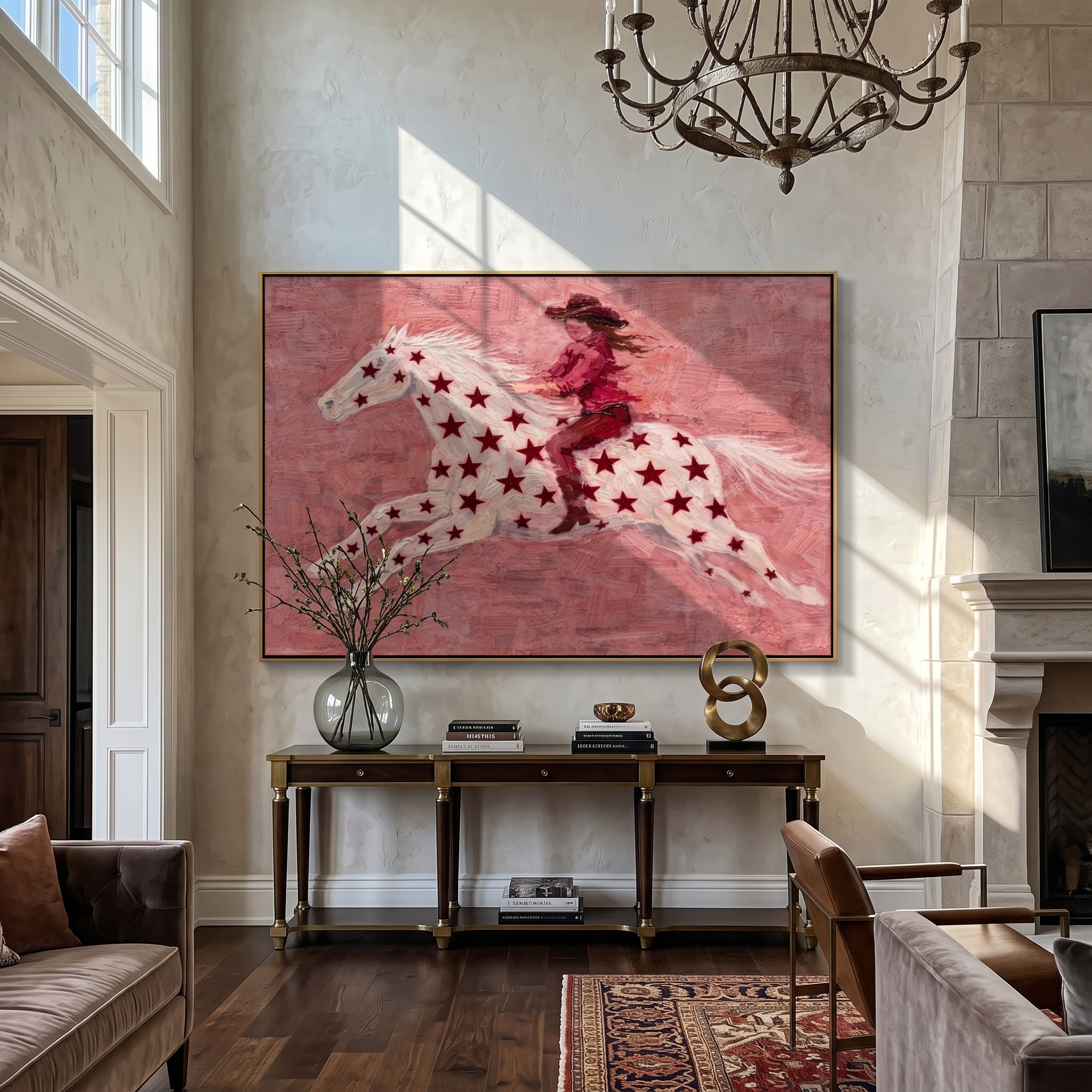 Red Stars Run Wild — Star Horse and Rider Painting | Minimalist Figurative Horizontal Wall Art – red and gray minimalist figurative people & pets art, horizontal hand-painted canvas art – view 3