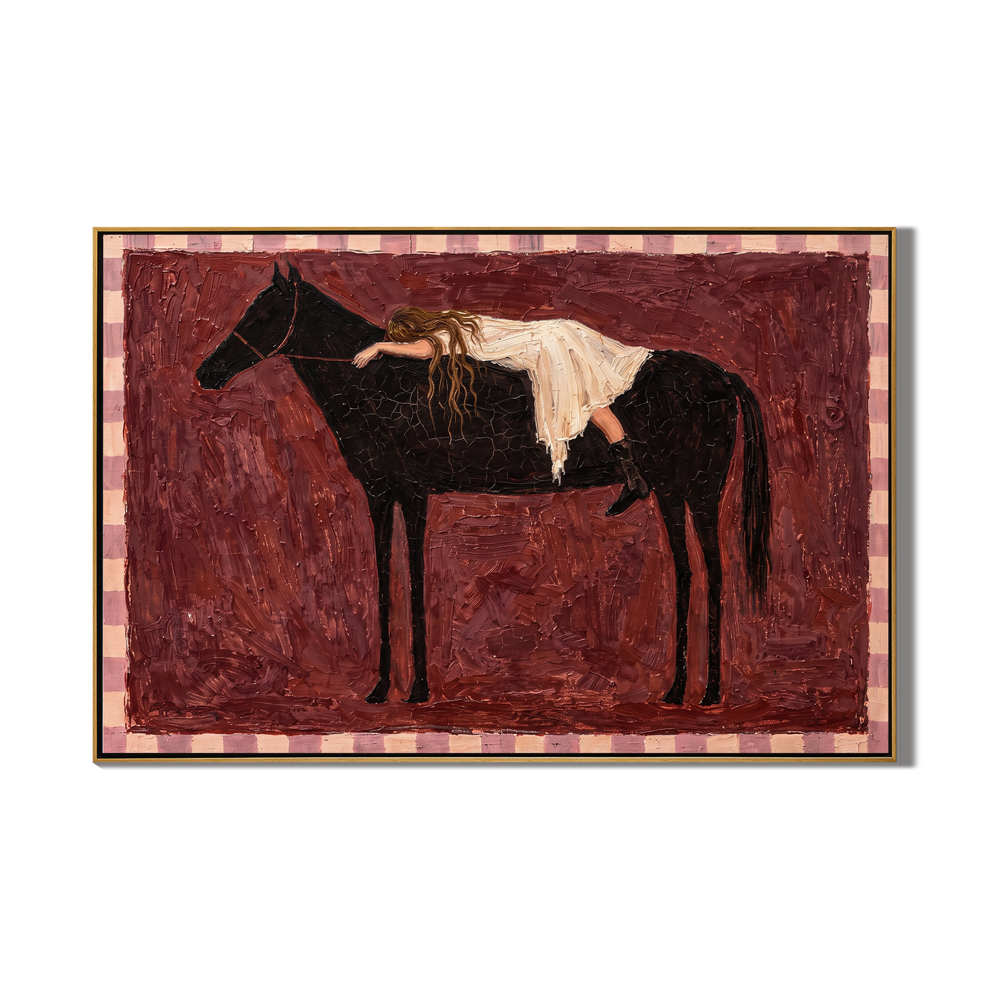 She Sleeps Across Midnight — Woman Resting on Horse Painting | Minimalist Figurative Horizontal Wall Art – brown and gray minimalist figurative people & pets art, horizontal hand-painted canvas art – view 1
