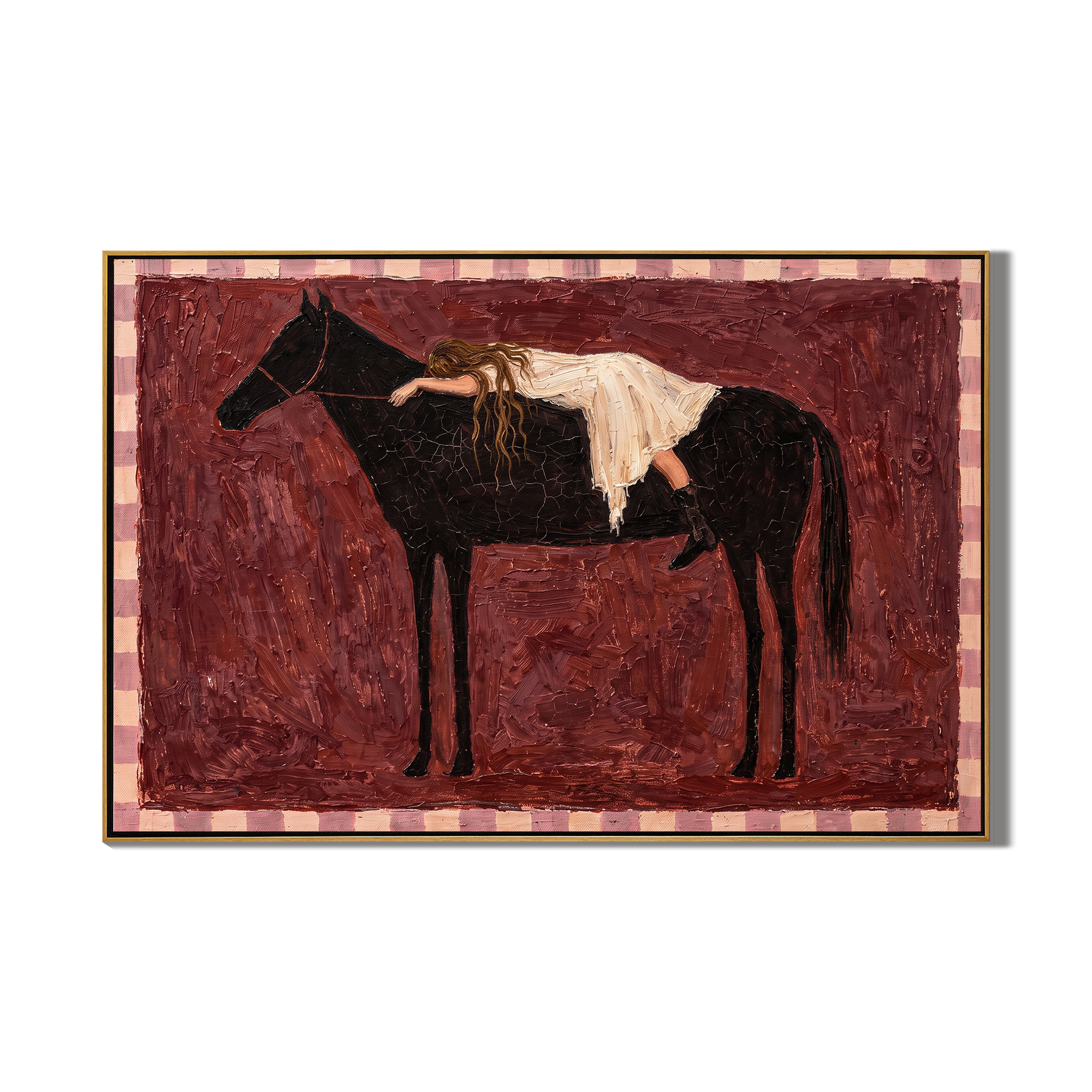 She Sleeps Across Midnight — Woman Resting on Horse Painting | Minimalist Figurative Horizontal Wall Art – brown and gray minimalist figurative people & pets art, horizontal hand-painted canvas art – view 1