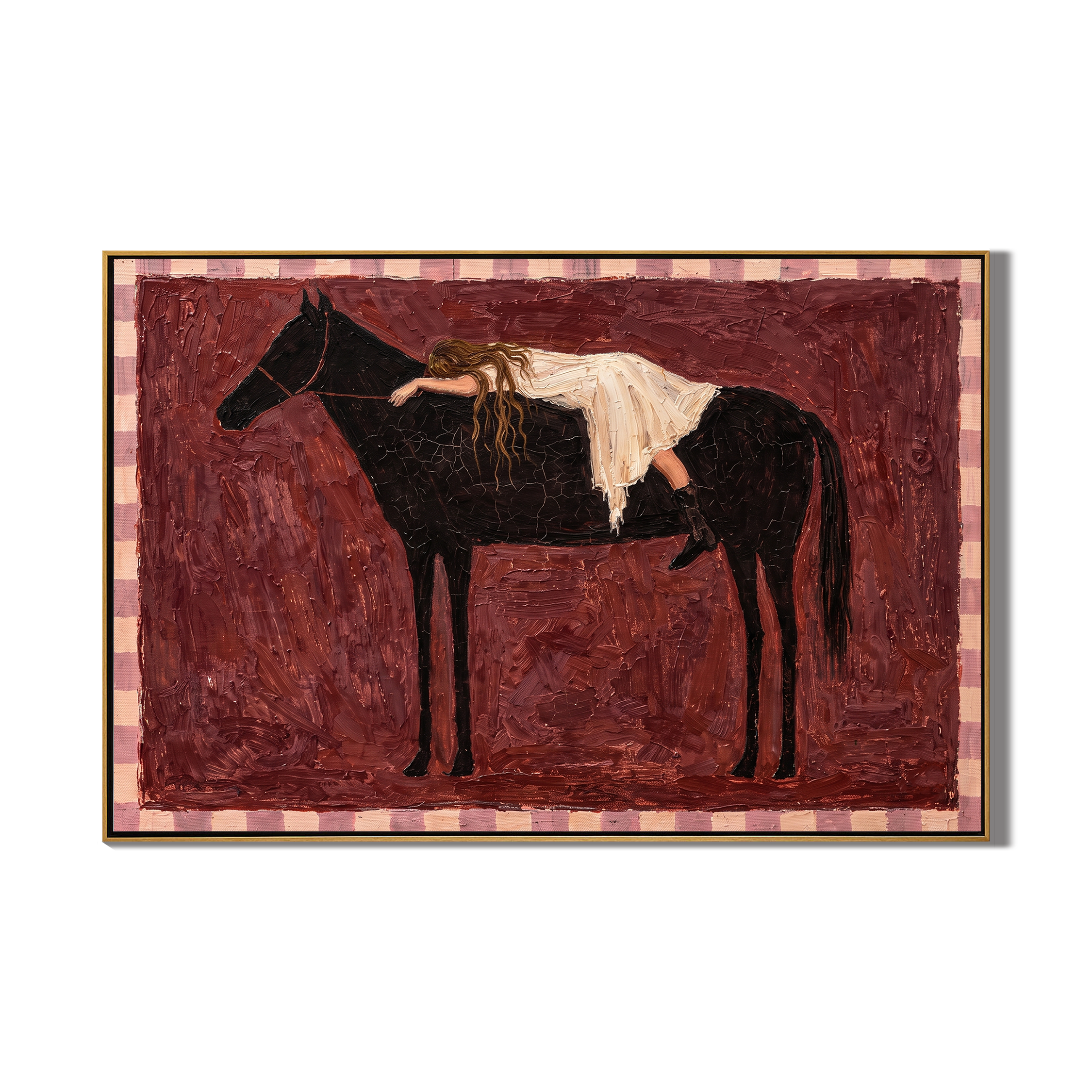 She Sleeps Across Midnight — Woman Resting on Horse Painting | Minimalist Figurative Horizontal Wall Art – brown and gray minimalist figurative people & pets art, horizontal hand-painted canvas art – view 1