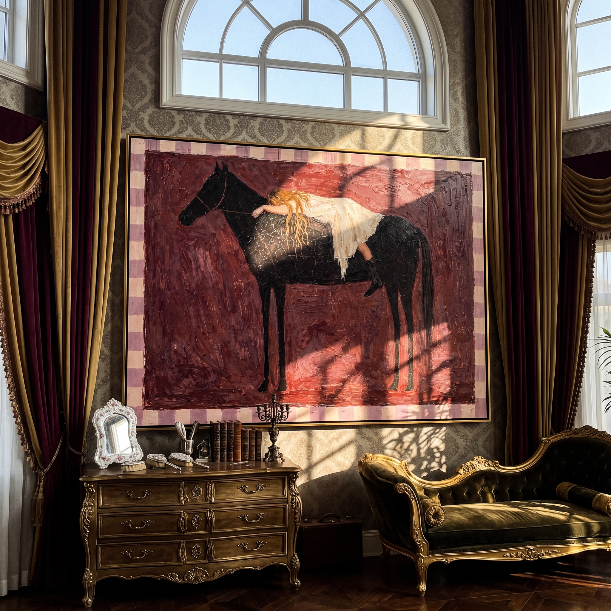 She Sleeps Across Midnight — Woman Resting on Horse Painting | Minimalist Figurative Horizontal Wall Art – brown and gray minimalist figurative people & pets art, horizontal hand-painted canvas art – view 6