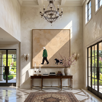 Green Coat Keeps Pace – Green Coat and Black Dog painting by Hannah Brooks, minimalist figurative square wall art – styled room scene view 1