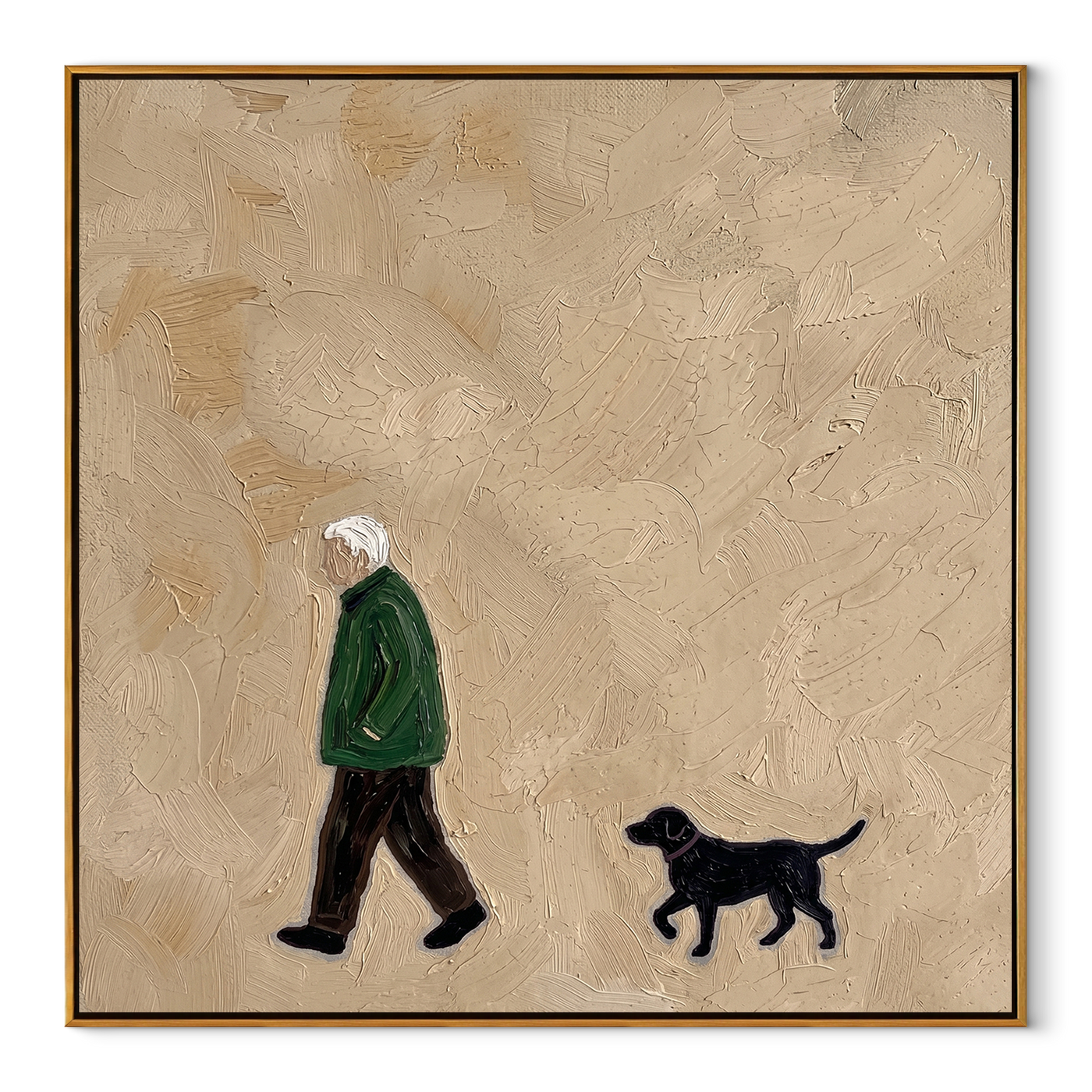 Green Coat Keeps Pace – Green Coat and Black Dog painting by Hannah Brooks, minimalist figurative square wall art – wood frame on white background