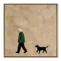 Green Coat Keeps Pace – Green Coat and Black Dog painting by Hannah Brooks, minimalist figurative square wall art – wood frame on white background