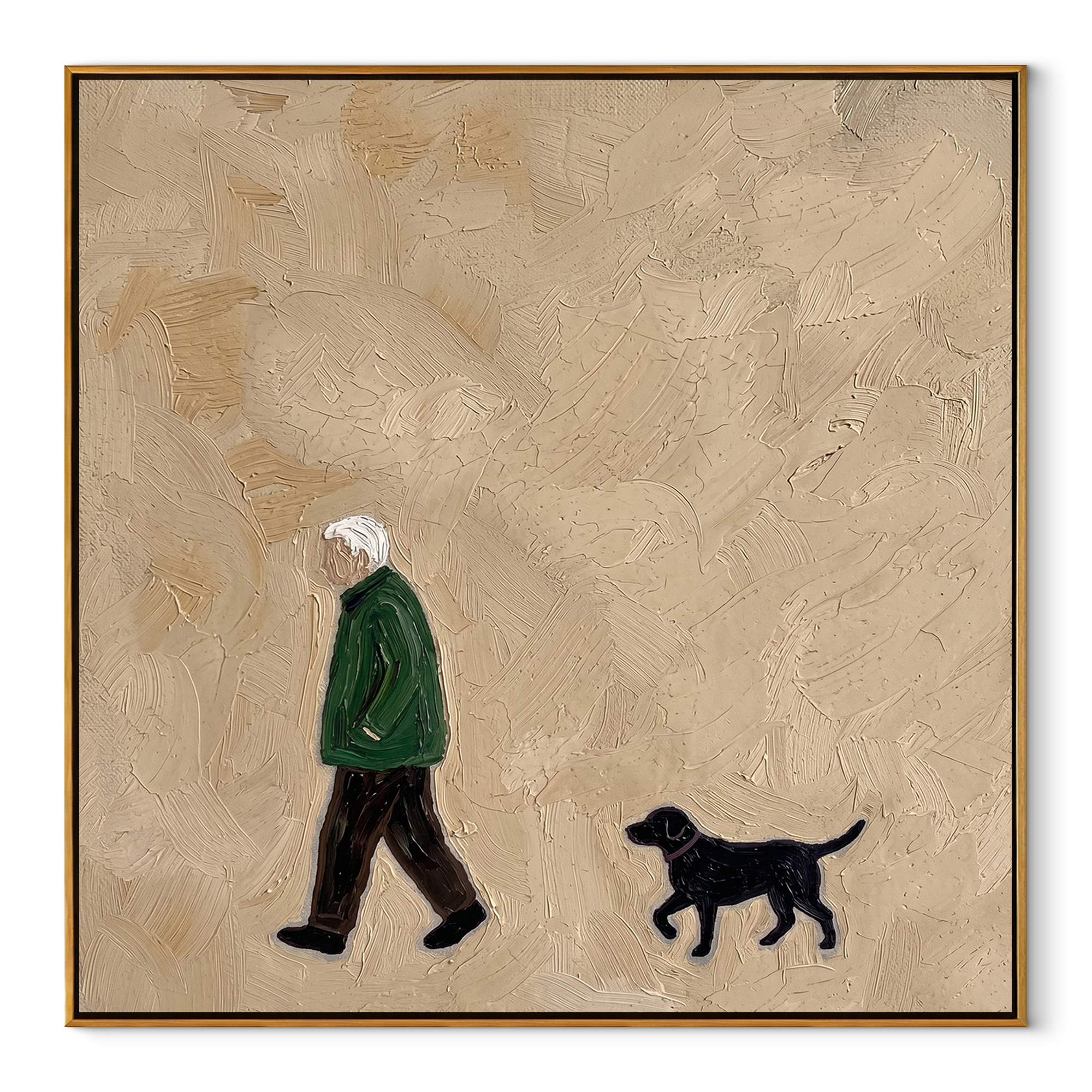 Green Coat Keeps Pace – Green Coat and Black Dog painting by Hannah Brooks, minimalist figurative square wall art – wood frame on white background