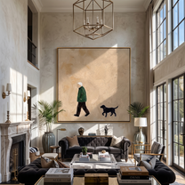 Green Coat Keeps Pace – Green Coat and Black Dog painting by Hannah Brooks, minimalist figurative square wall art – styled room scene view 2