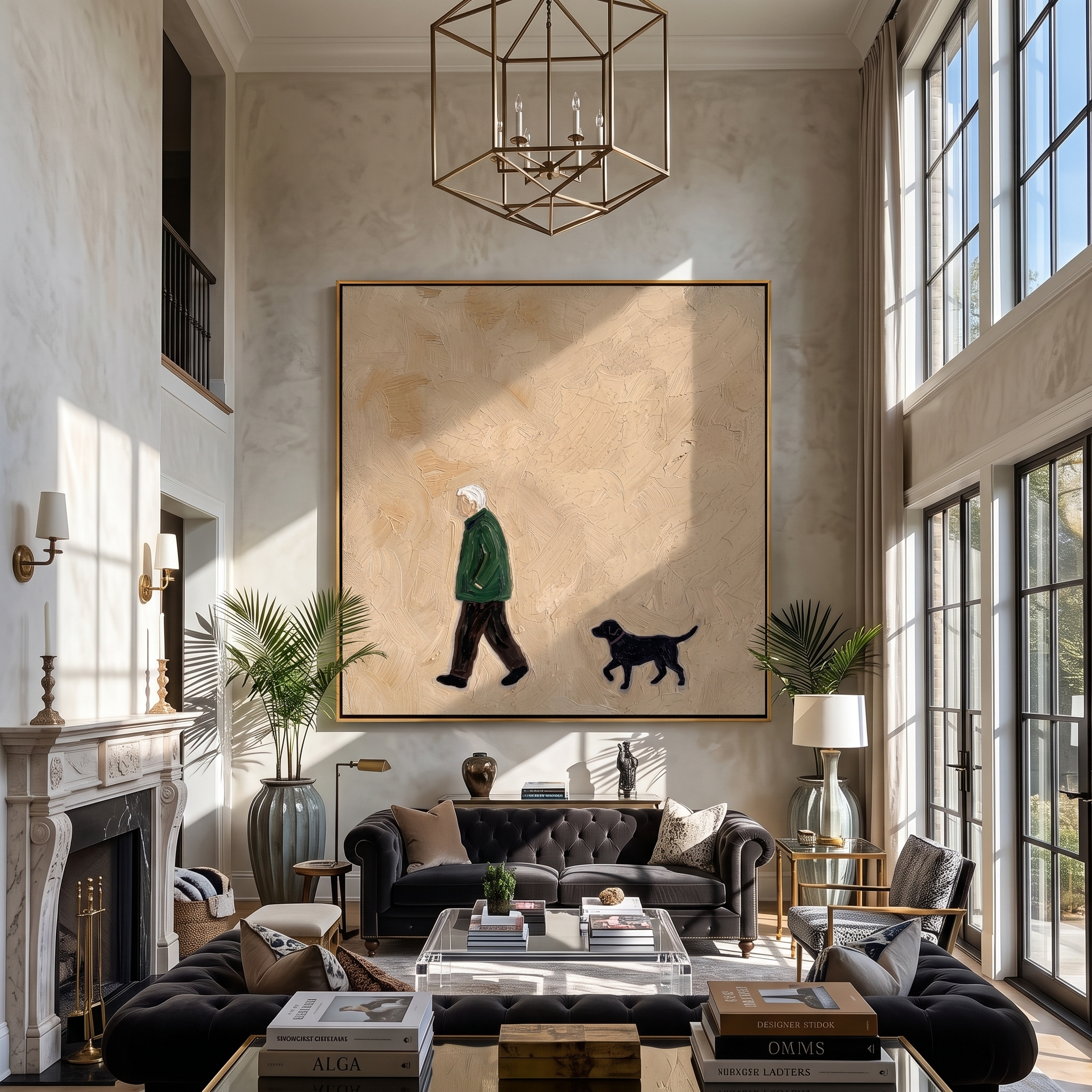 Green Coat Keeps Pace – Green Coat and Black Dog painting by Hannah Brooks, minimalist figurative square wall art – styled room scene view 2