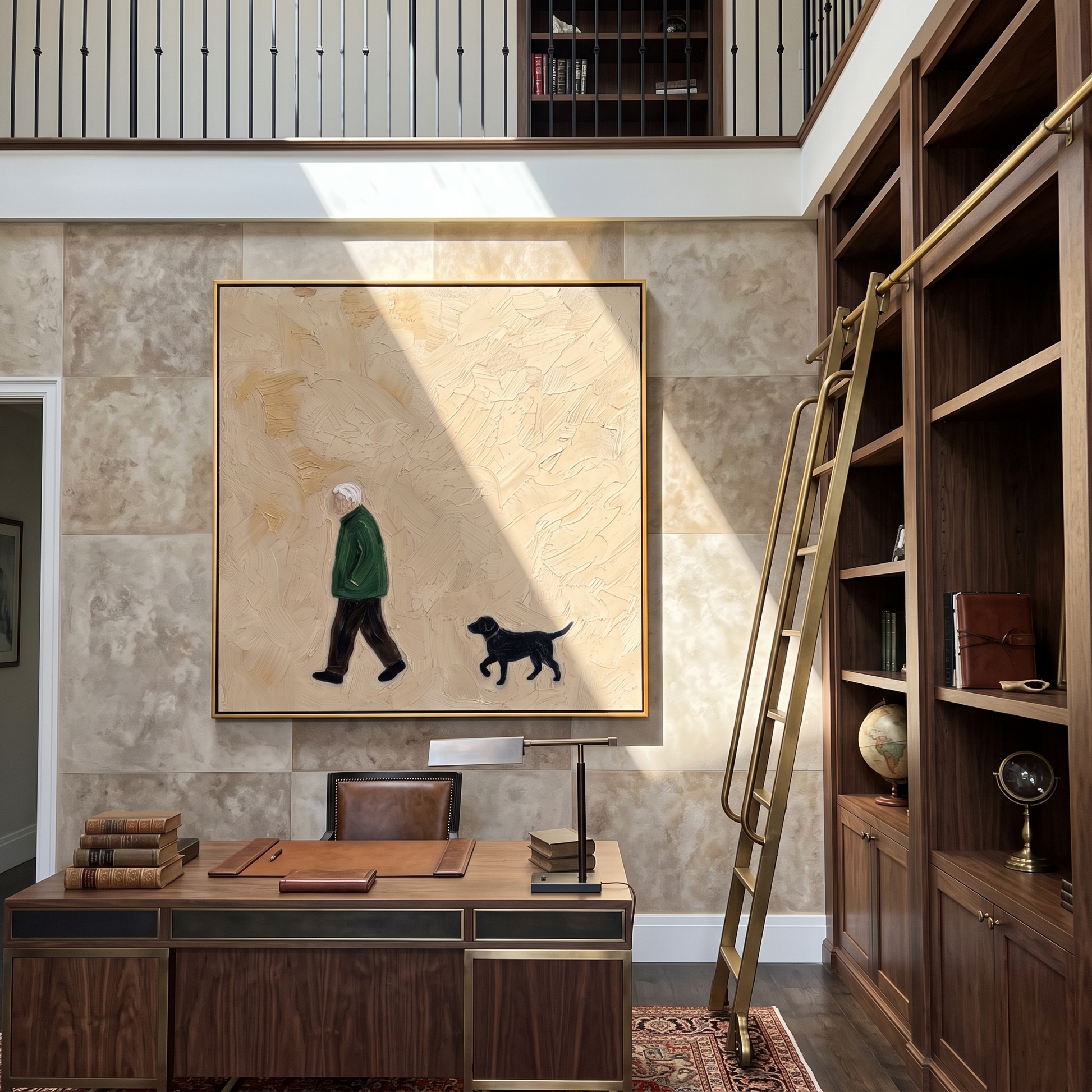 Green Coat Keeps Pace – Green Coat and Black Dog painting by Hannah Brooks, minimalist figurative square wall art – styled room scene view 3