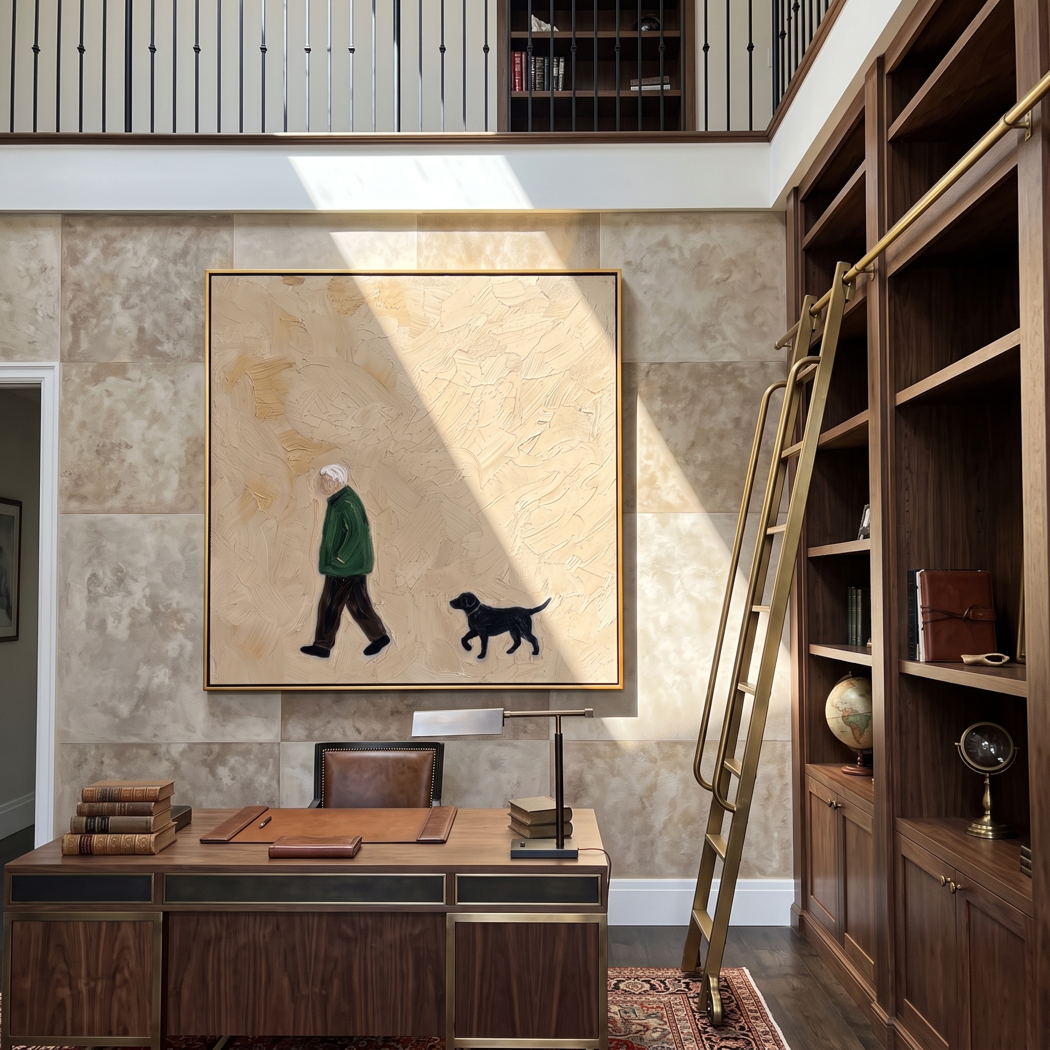 Green Coat Keeps Pace – Green Coat and Black Dog painting by Hannah Brooks, minimalist figurative square wall art – styled room scene view 3