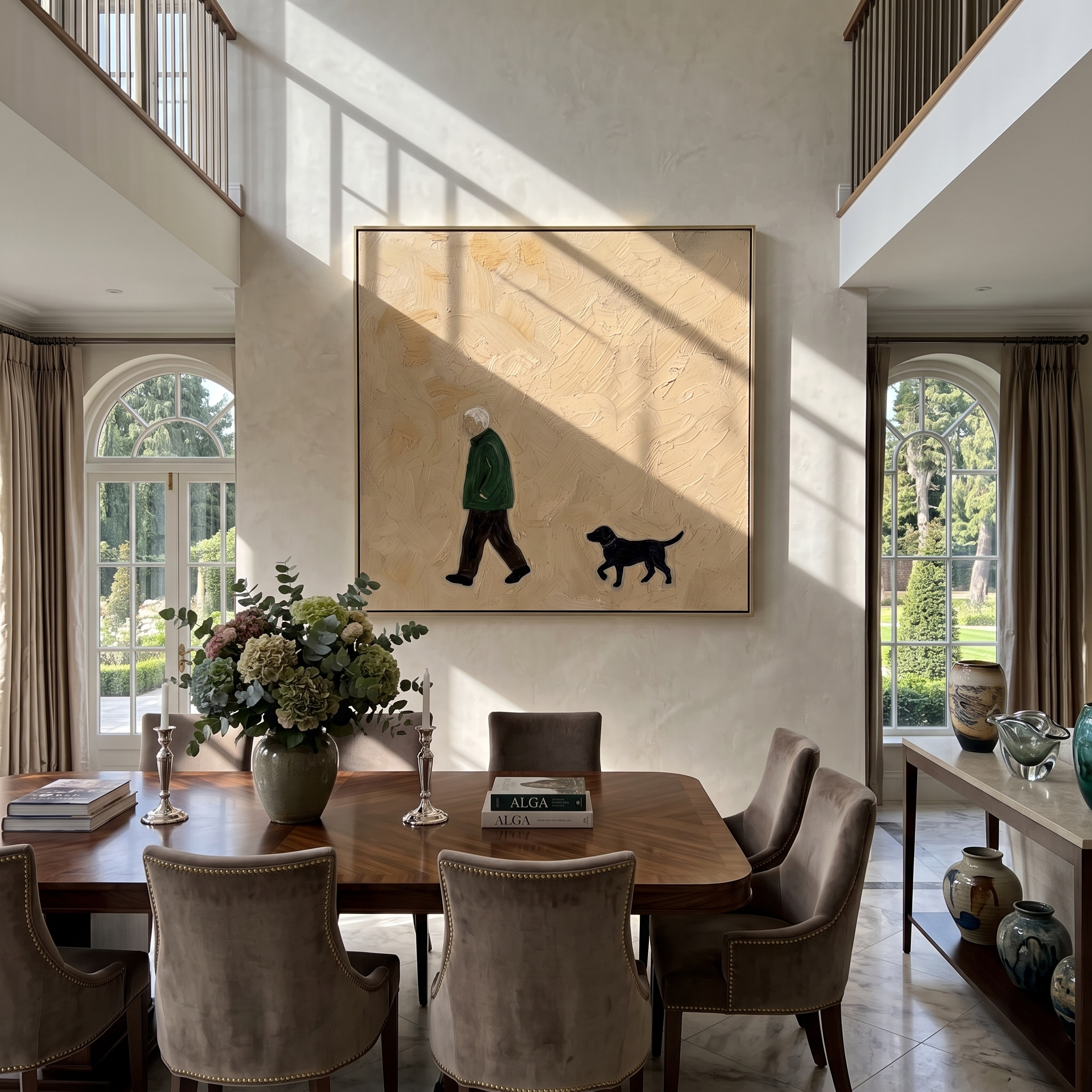 Green Coat Keeps Pace – Green Coat and Black Dog painting by Hannah Brooks, minimalist figurative square wall art – styled room scene view 4