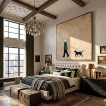 Green Coat Keeps Pace – Green Coat and Black Dog painting by Hannah Brooks, minimalist figurative square wall art – styled room scene view 5