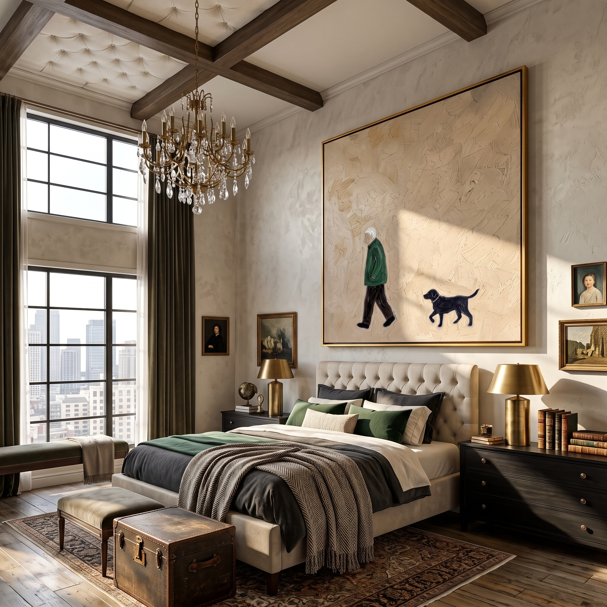 Green Coat Keeps Pace – Green Coat and Black Dog painting by Hannah Brooks, minimalist figurative square wall art – styled room scene view 5