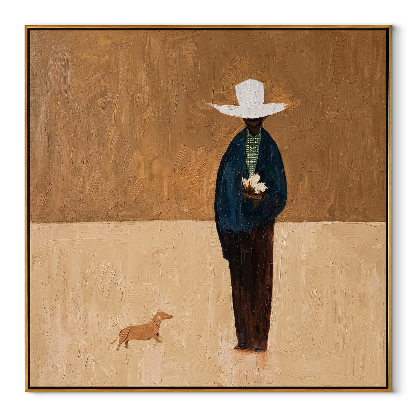 White Brim Waits – White Hat Figure and Small Dog painting by Hannah Brooks, minimalist figurative square wall art – wood frame on white background