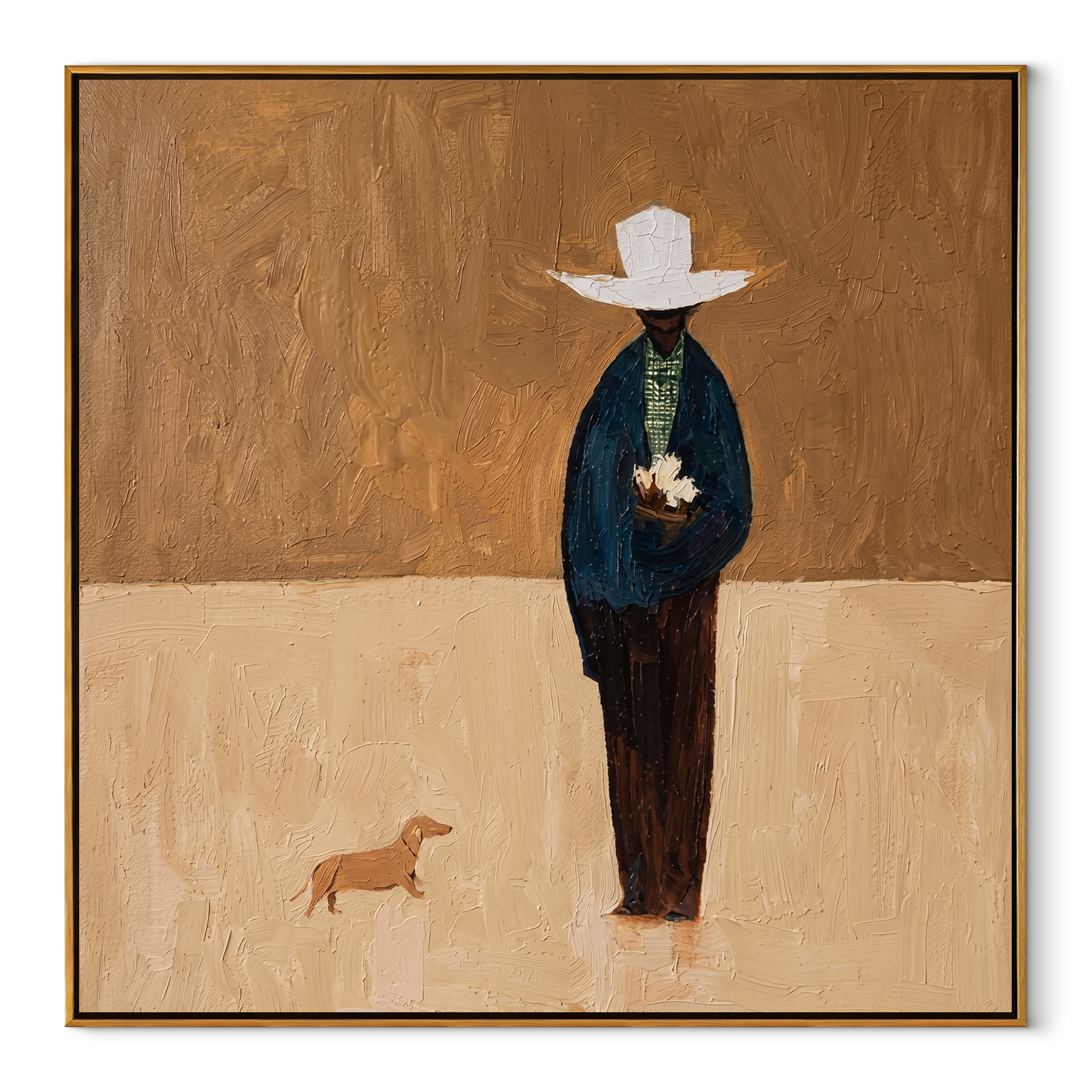White Brim Waits – White Hat Figure and Small Dog painting by Hannah Brooks, minimalist figurative square wall art – wood frame on white background