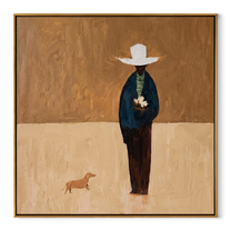 White Brim Waits – White Hat Figure and Small Dog painting by Hannah Brooks, minimalist figurative square wall art – wood frame on white background