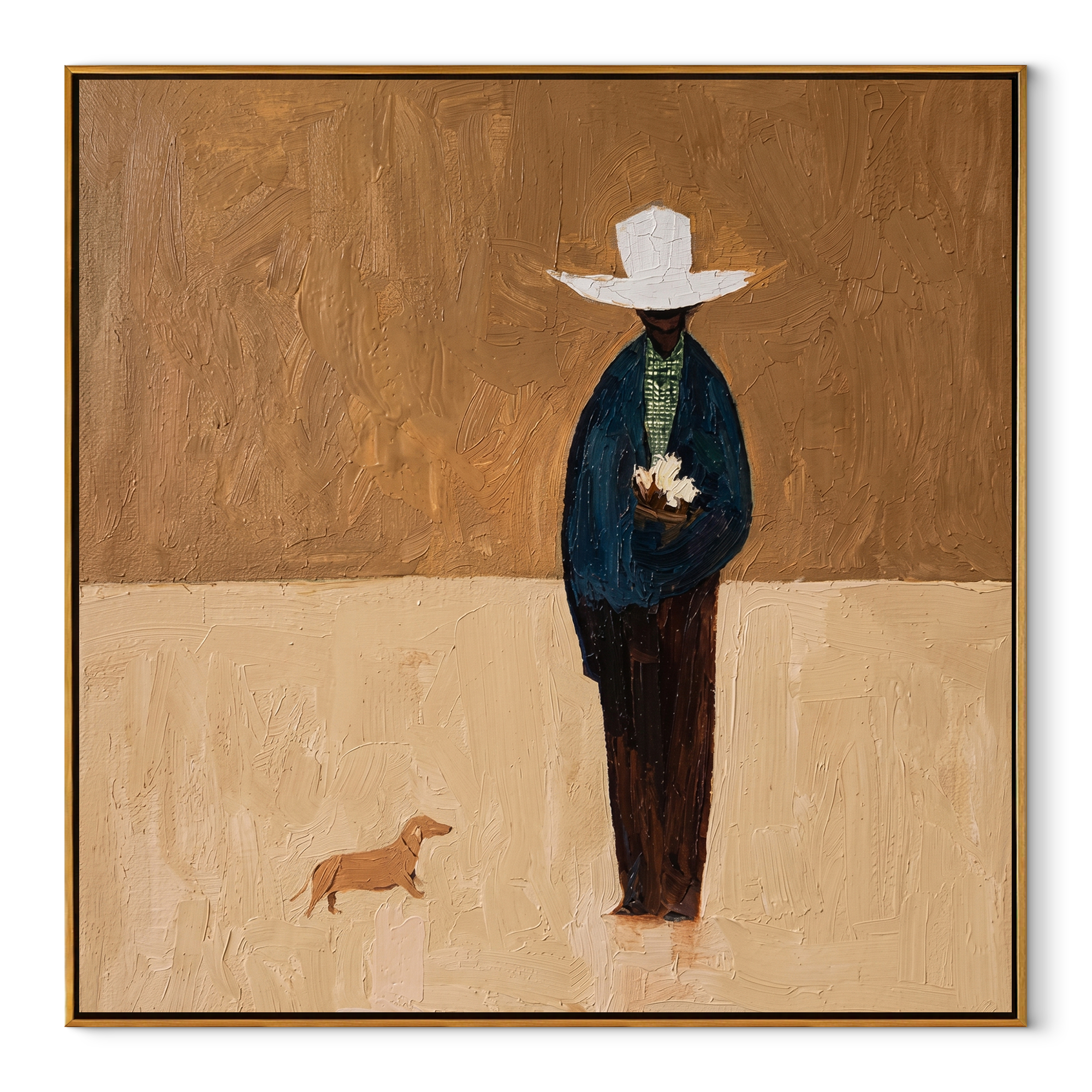 White Brim Waits – White Hat Figure and Small Dog painting by Hannah Brooks, minimalist figurative square wall art – wood frame on white background