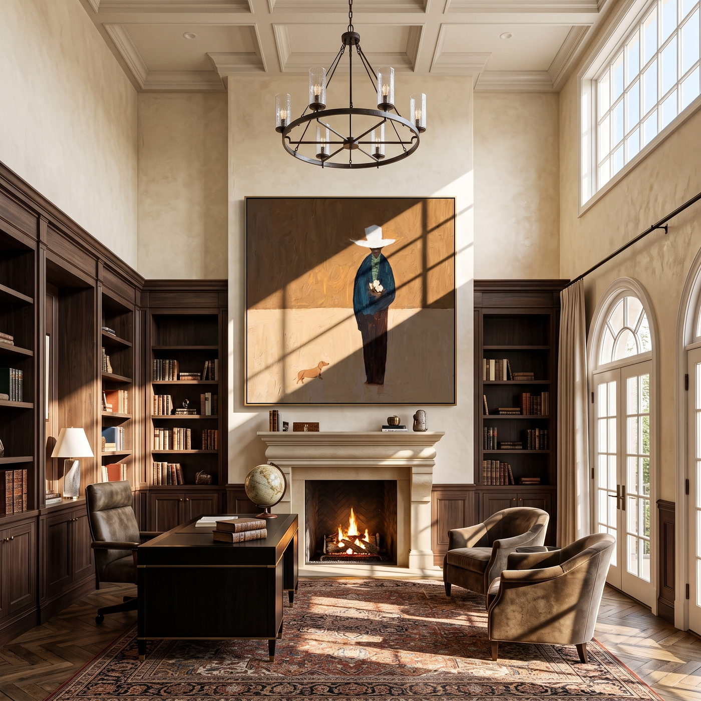 White Brim Waits – White Hat Figure and Small Dog painting by Hannah Brooks, minimalist figurative square wall art – styled room scene view 2