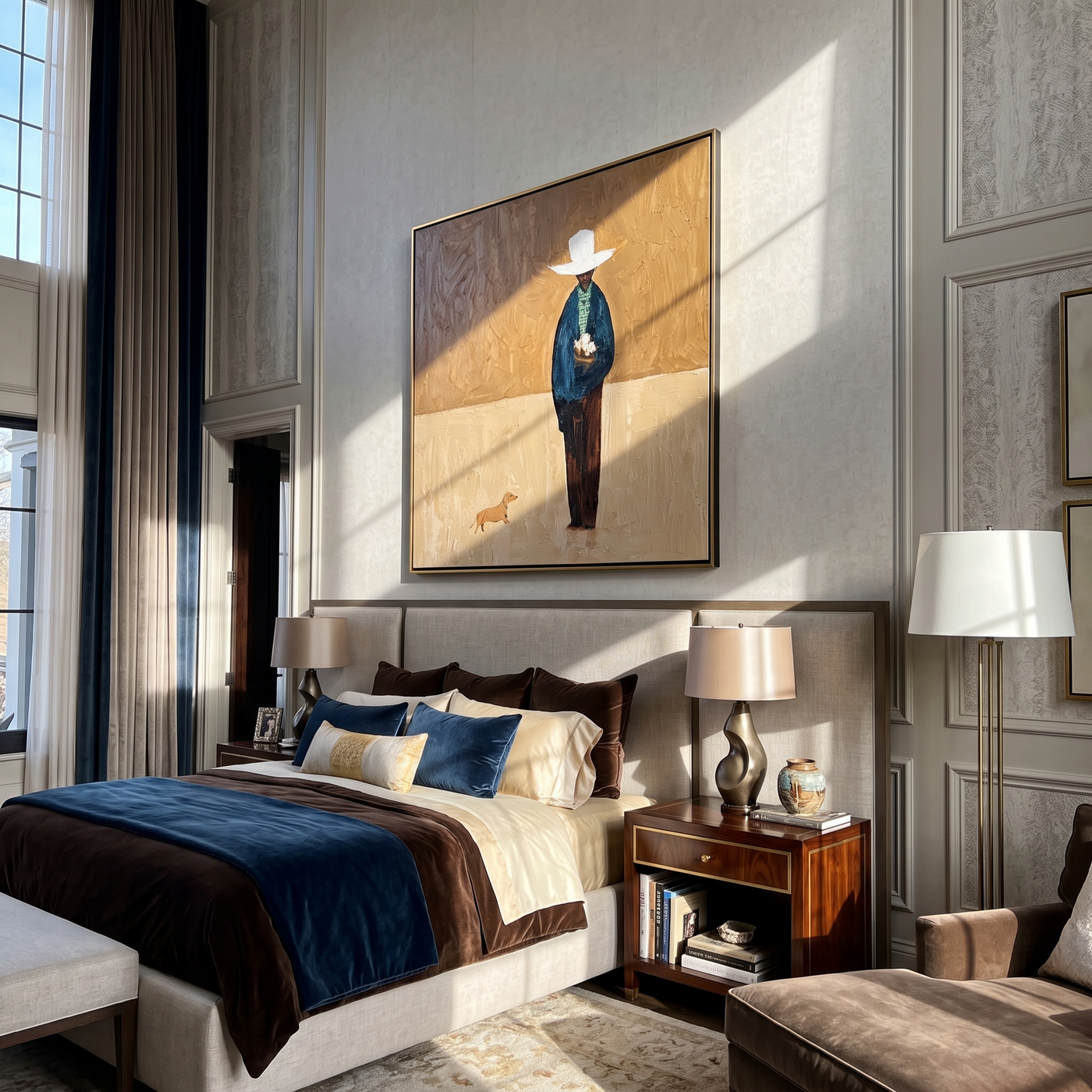 White Brim Waits – White Hat Figure and Small Dog painting by Hannah Brooks, minimalist figurative square wall art – styled room scene view 3