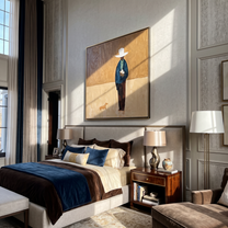 White Brim Waits – White Hat Figure and Small Dog painting by Hannah Brooks, minimalist figurative square wall art – styled room scene view 3
