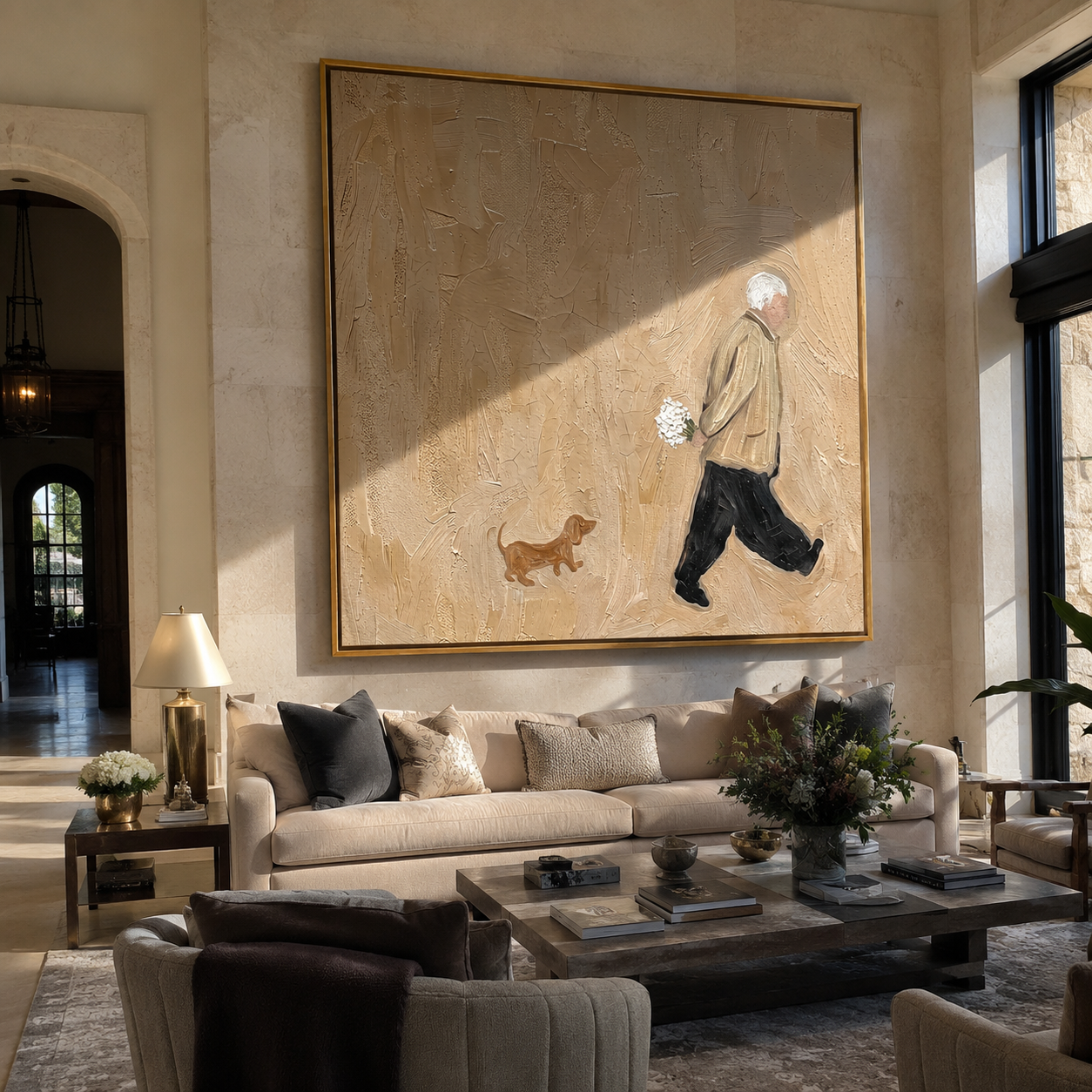 Flowers Follow Home – Flower Carrier and Small Dog painting by Hannah Brooks, minimalist figurative square wall art – styled room scene view 1