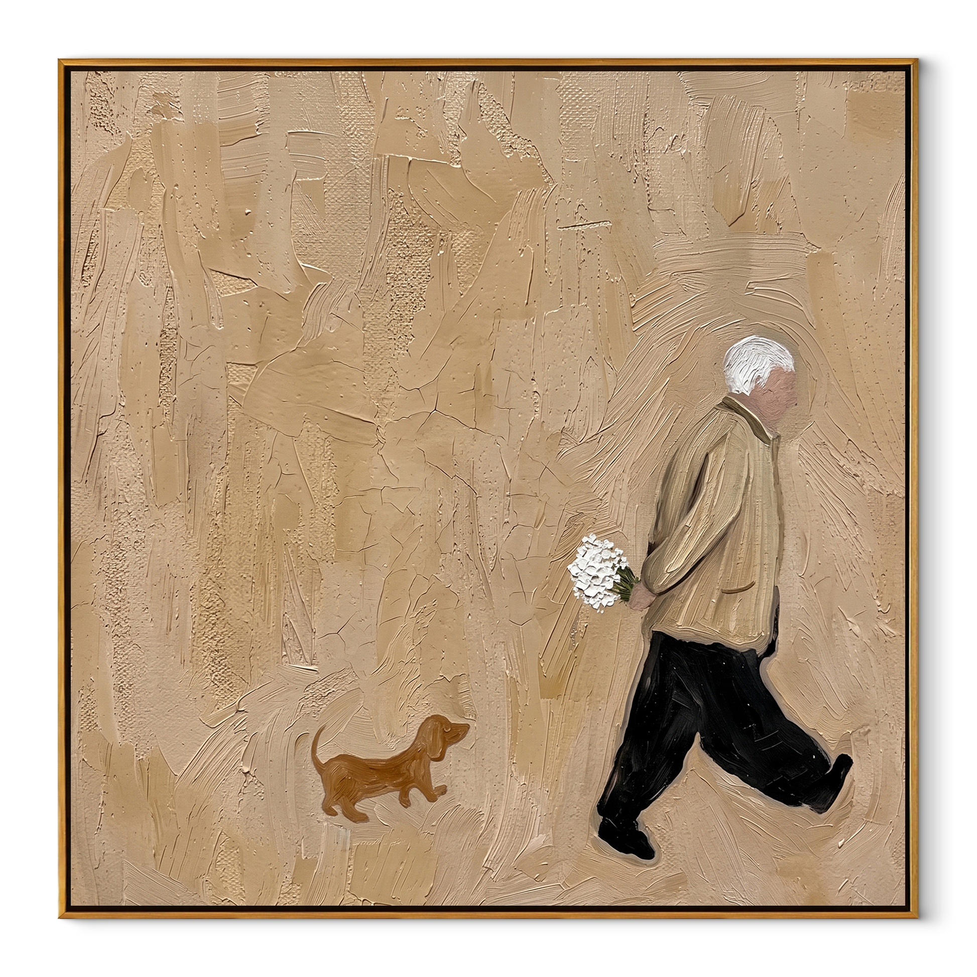 Flowers Follow Home – Flower Carrier and Small Dog painting by Hannah Brooks, minimalist figurative square wall art – wood frame on white background