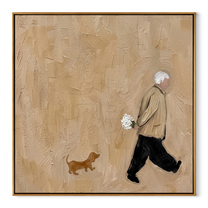 Flowers Follow Home – Flower Carrier and Small Dog painting by Hannah Brooks, minimalist figurative square wall art – wood frame on white background