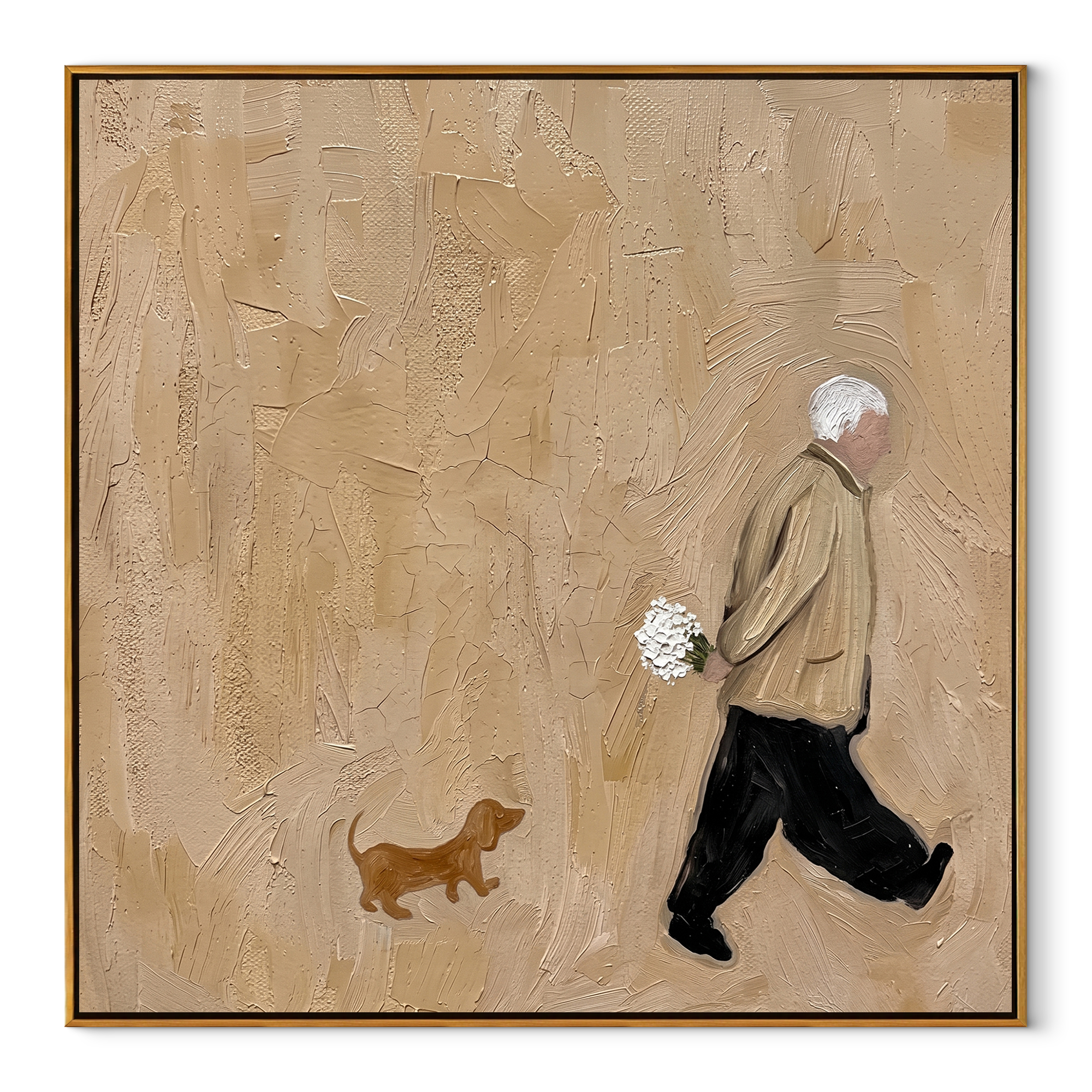 Flowers Follow Home – Flower Carrier and Small Dog painting by Hannah Brooks, minimalist figurative square wall art – wood frame on white background