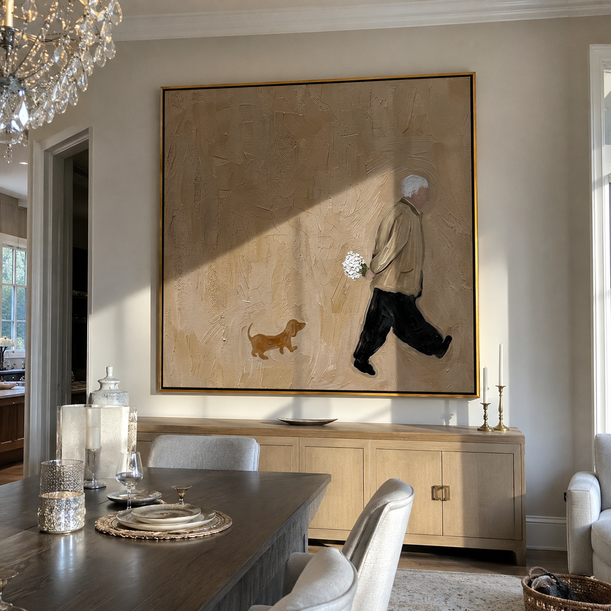 Flowers Follow Home – Flower Carrier and Small Dog painting by Hannah Brooks, minimalist figurative square wall art – styled room scene view 3