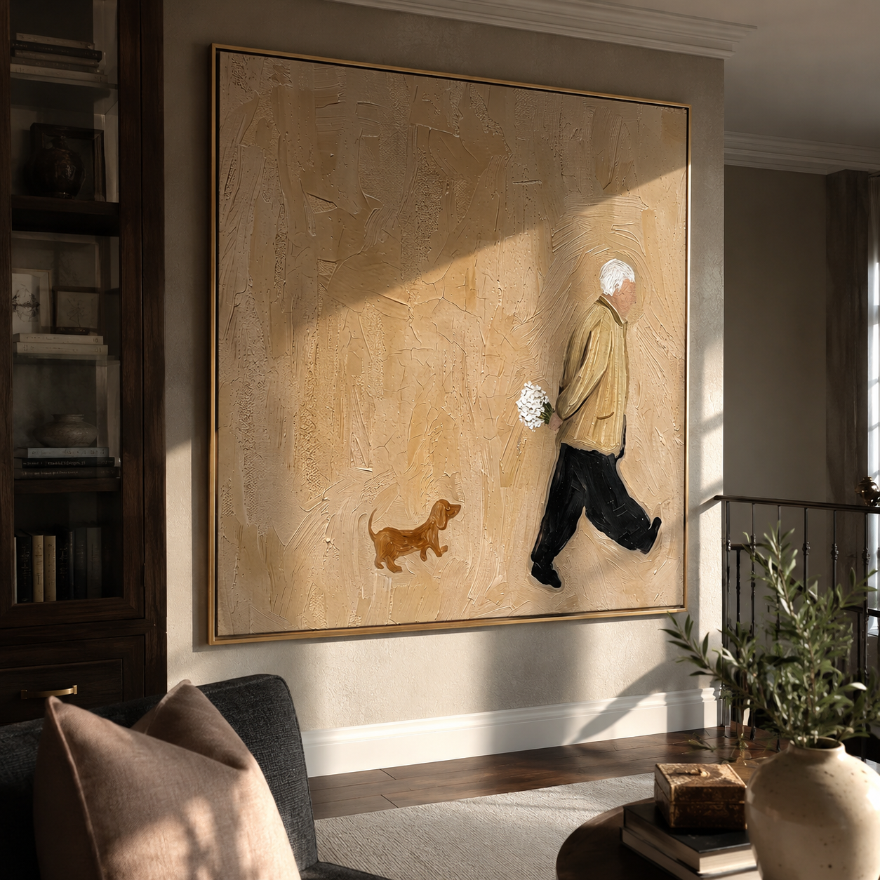 Flowers Follow Home – Flower Carrier and Small Dog painting by Hannah Brooks, minimalist figurative square wall art – styled room scene view 4