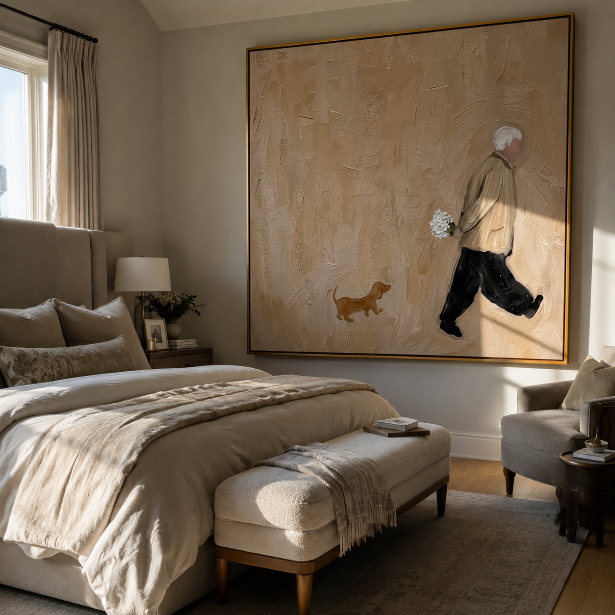 Flowers Follow Home – Flower Carrier and Small Dog painting by Hannah Brooks, minimalist figurative square wall art – styled room scene view 5