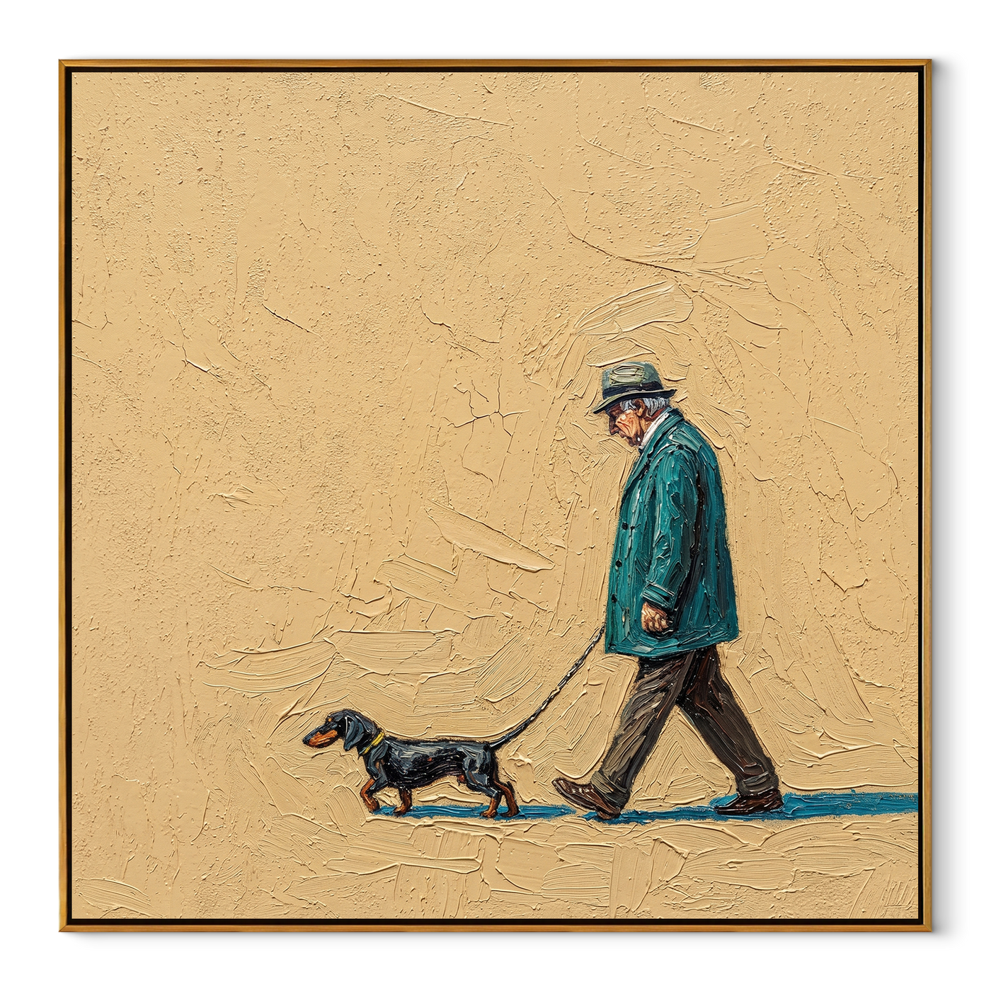 Teal Steps Stretch – Teal Coat and Dachshund painting by Hannah Brooks, minimalist figurative square wall art – wood frame on white background