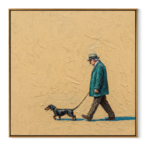 Teal Steps Stretch – Teal Coat and Dachshund painting by Hannah Brooks, minimalist figurative square wall art – wood frame on white background