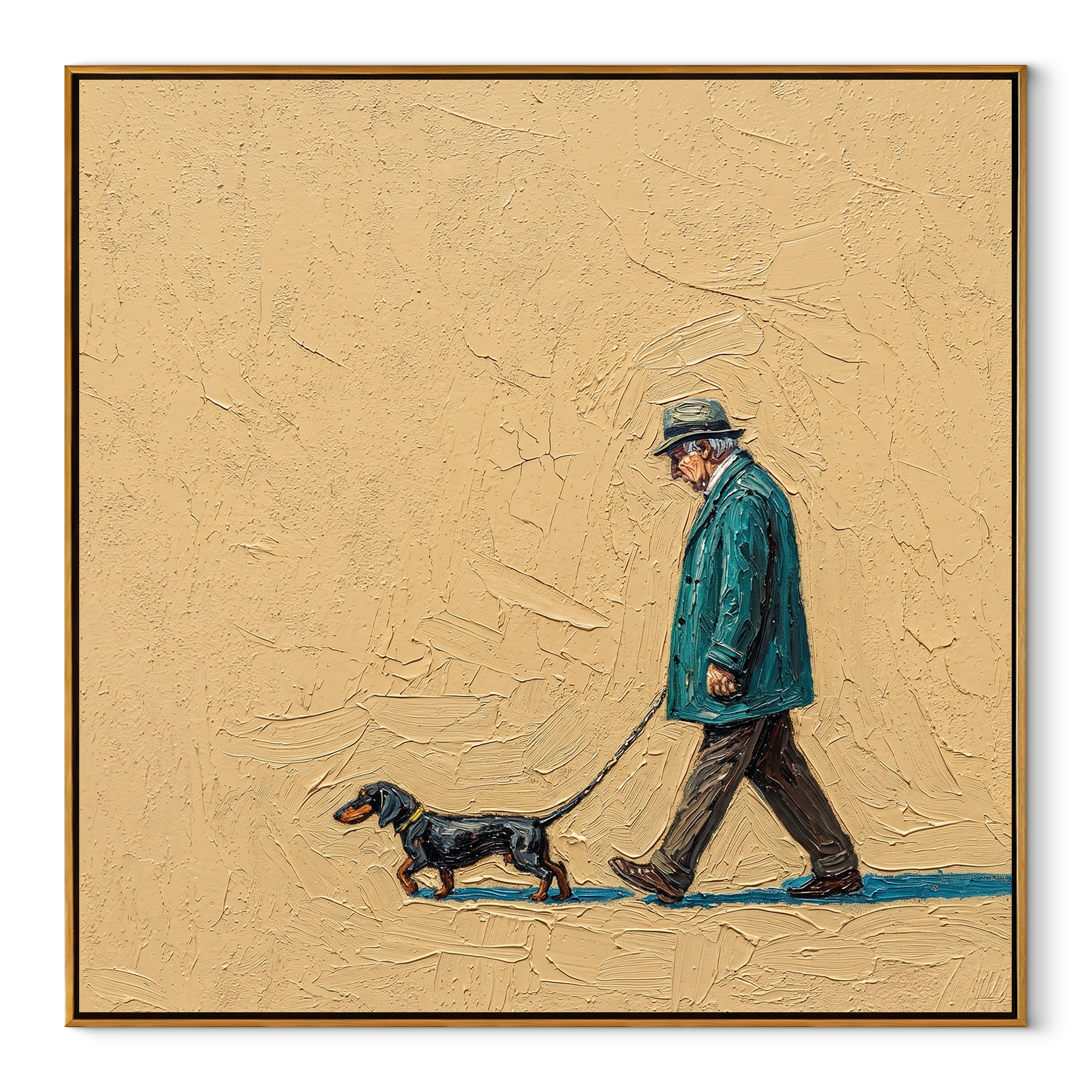 Teal Steps Stretch – Teal Coat and Dachshund painting by Hannah Brooks, minimalist figurative square wall art – wood frame on white background
