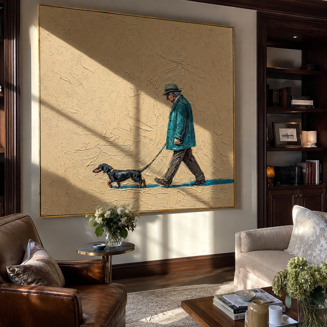 Teal Steps Stretch – Teal Coat and Dachshund painting by Hannah Brooks, minimalist figurative square wall art – styled room scene view 2