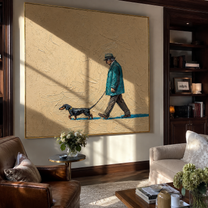 Teal Steps Stretch – Teal Coat and Dachshund painting by Hannah Brooks, minimalist figurative square wall art – styled room scene view 2