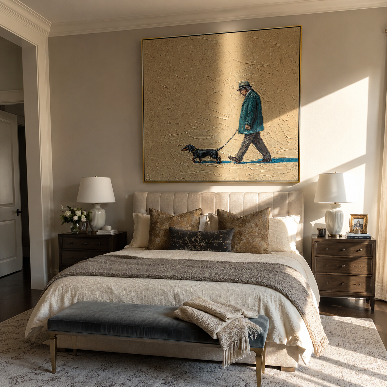Teal Steps Stretch – Teal Coat and Dachshund painting by Hannah Brooks, minimalist figurative square wall art – styled room scene view 3