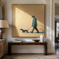 Teal Steps Stretch – Teal Coat and Dachshund painting by Hannah Brooks, minimalist figurative square wall art – styled room scene view 4