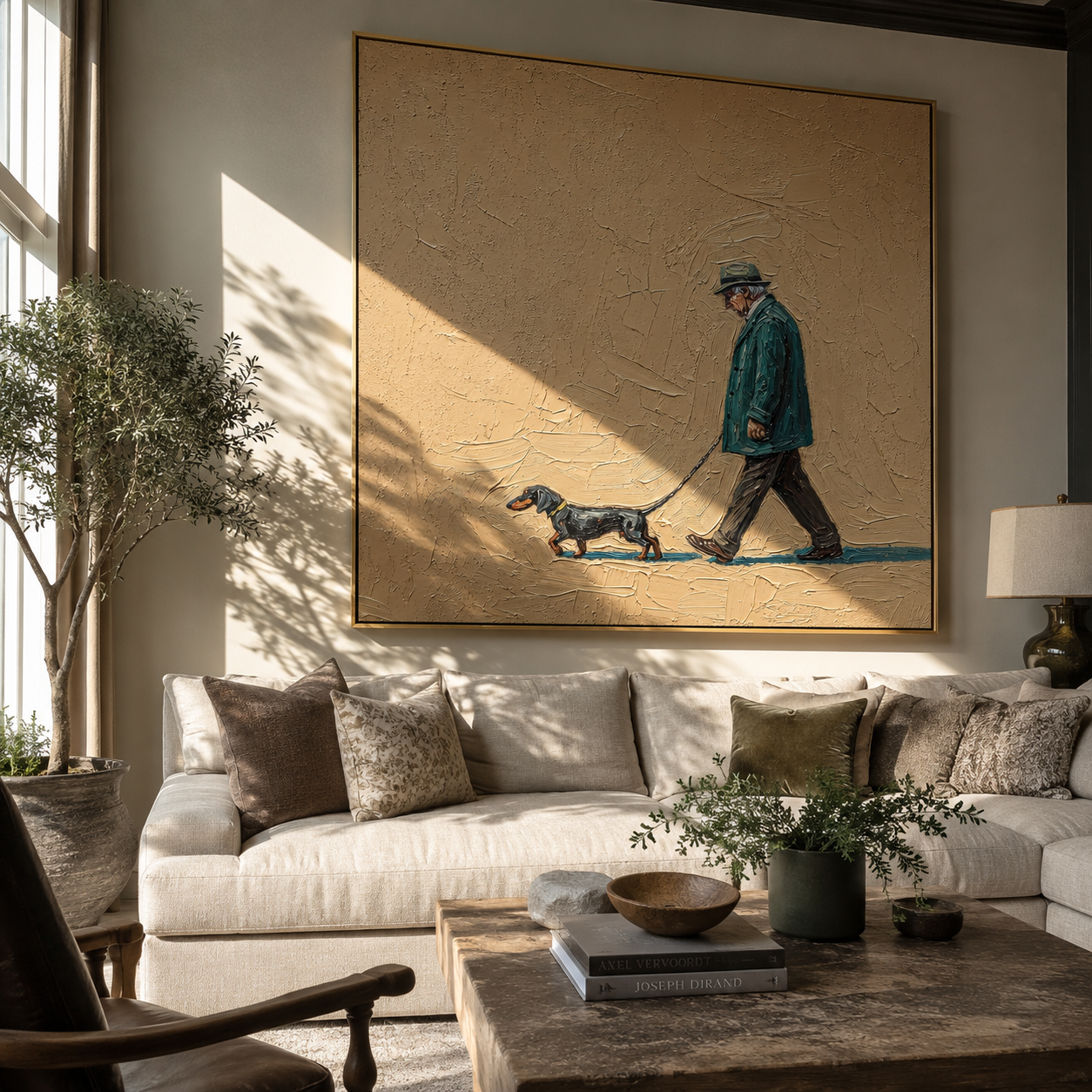 Teal Steps Stretch – Teal Coat and Dachshund painting by Hannah Brooks, minimalist figurative square wall art – styled room scene view 5