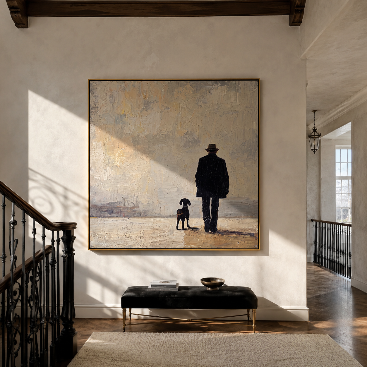 Fog Keeps Company – Figure and Dog in Fog painting by Hannah Brooks, minimalist figurative square wall art – styled room scene view 1